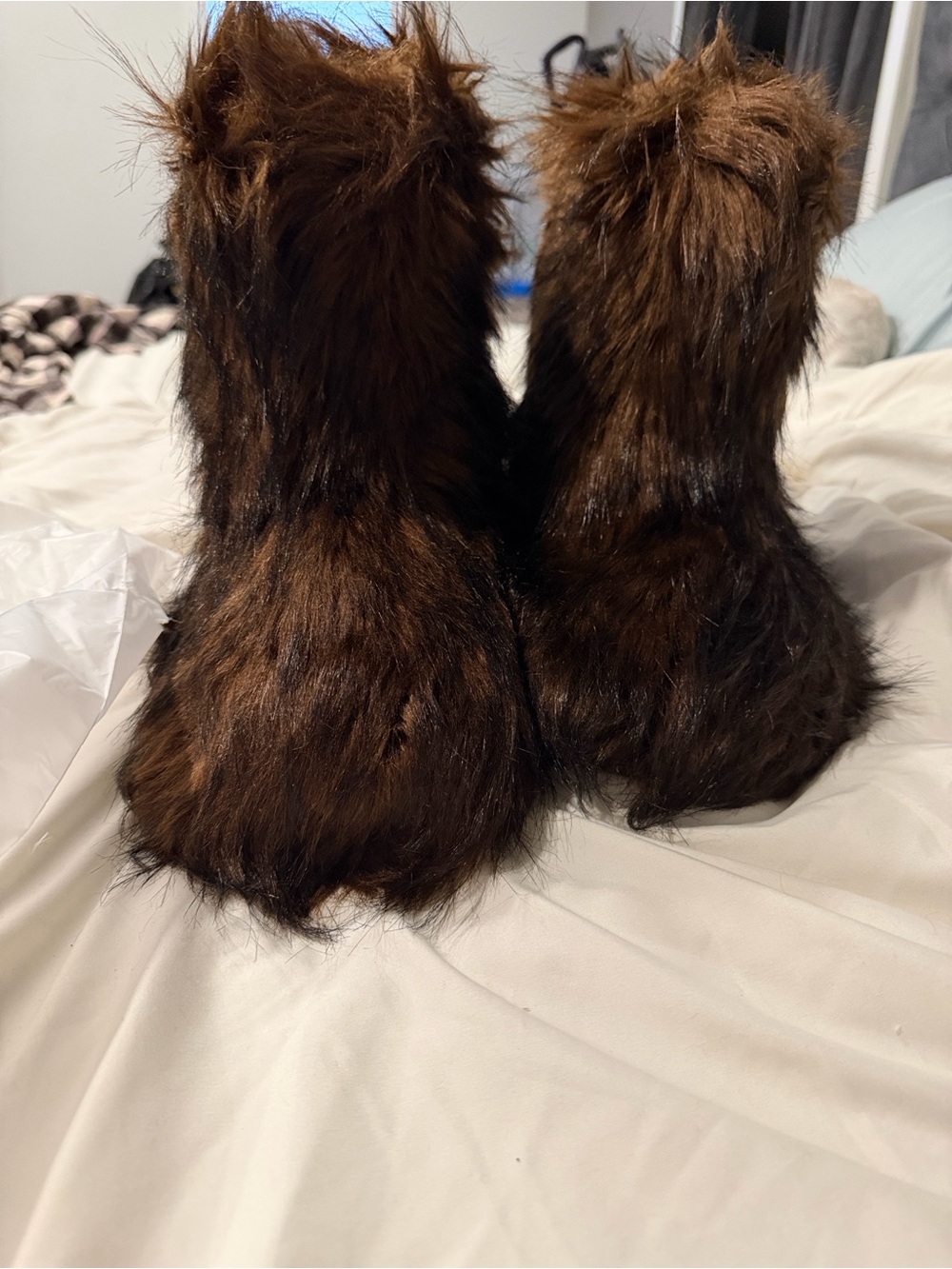 SKIMS Faux-Fur Ankle Booties in Dark Brown
